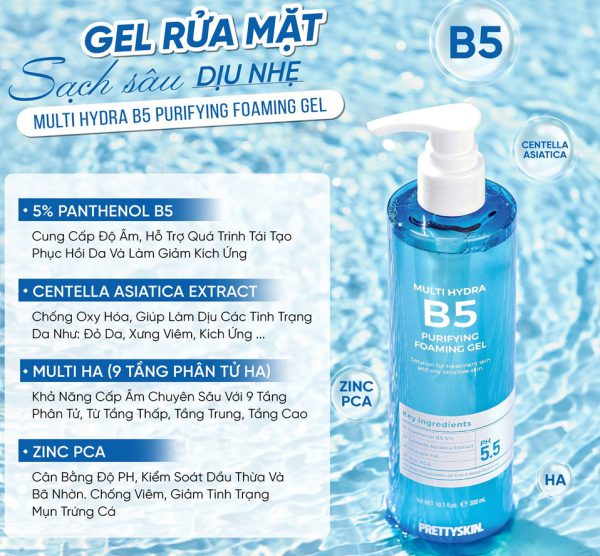 Gel rua mat Pretty Skin Multi Hydra B5 Purifying Foaming Gel 10